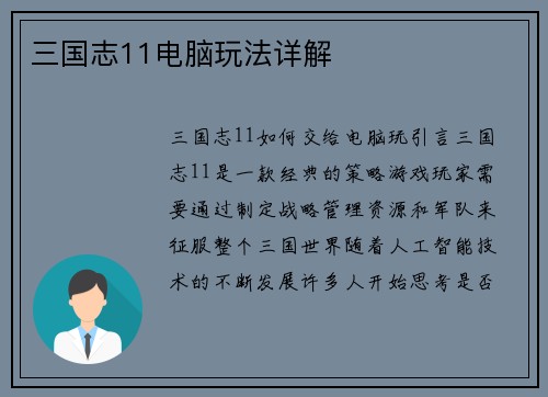 三国志11电脑玩法详解
